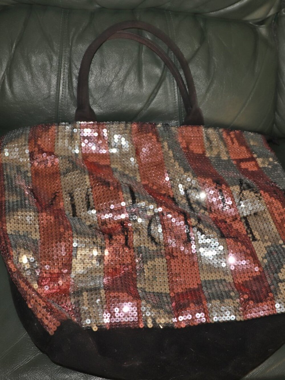 Victoria's Secret Zip Closure Tote Bag With Pink & Silver Sequin Black Fabric